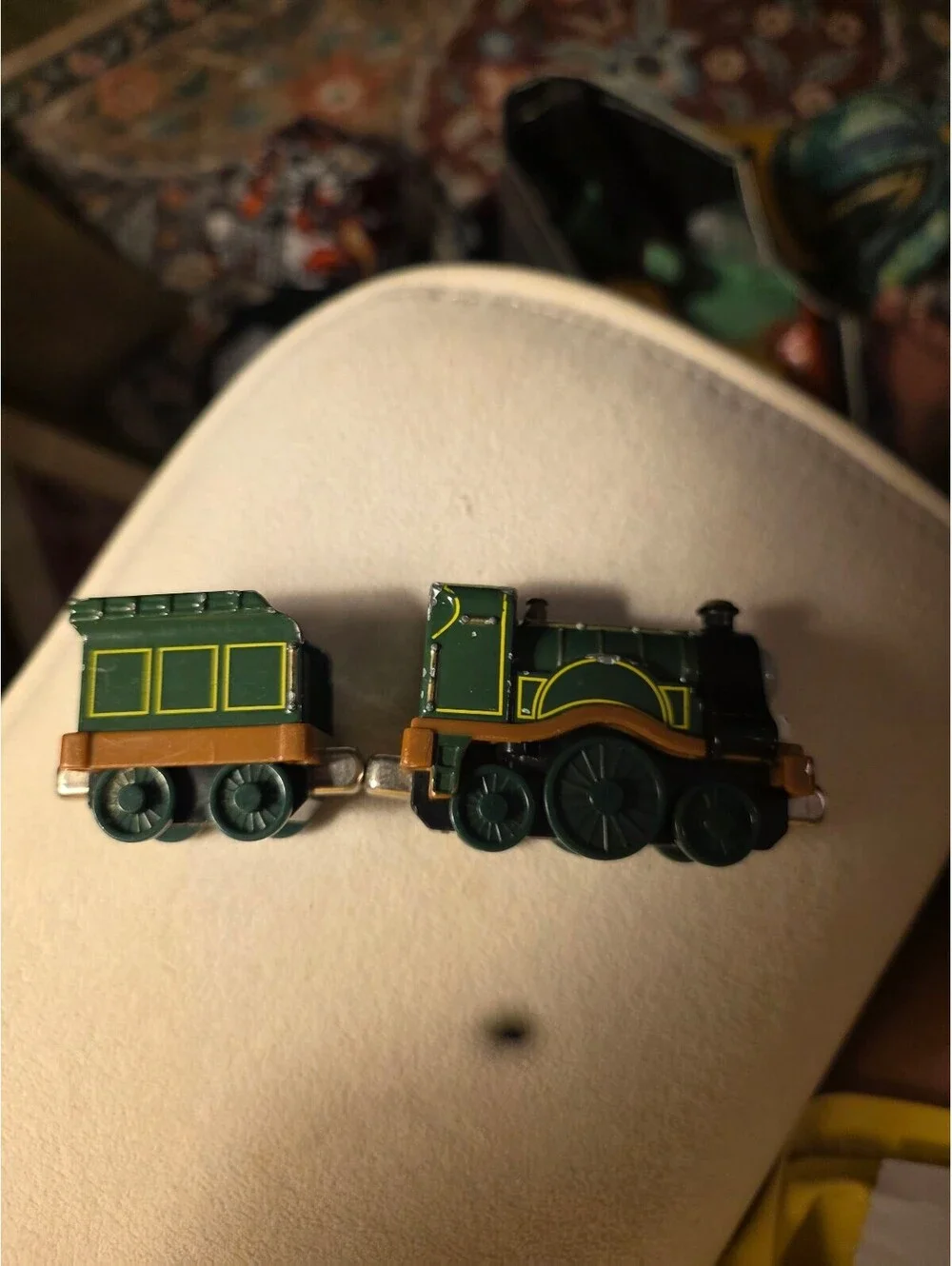 Vintage Green Toy Train Engine and Coal Car with Face Detail